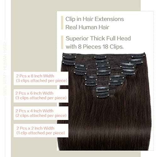 S-noilite Clip in Hair Extensions Human Hair for Women Thick True Double Weft 100% Real Remy Brown Human Hair Full Head 8 Pieces 18 Clips Straight Silky (18 Inch - 140g,Dark Brown (#2))