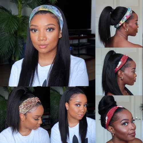 Headband Wig Human Hair Straight Headband Wigs for Black Women Glueless None Lace Front Wig Brazilian Virgin Human Hair 150% Density Natural Color 26 Inch