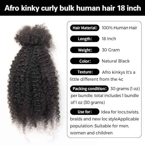 18 Inch Afro Kinky Curly Human Hair Bulk 3 Pack, Pre Looped Micro Locs Dreadlocks Extension, 1B Natural Black for DIY Twist Braids Crochet Repair Protective Styles