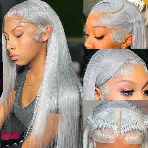 13X6 Silver Grey Lace Front Wigs Human Hair Straight Hd Transparent Gray Lace Front Wig Human Hair Wear and Go Glueless Grey Wigs Human Hair Pre Plucked 24 Inch Grey hd Frontal Wig for Black Women