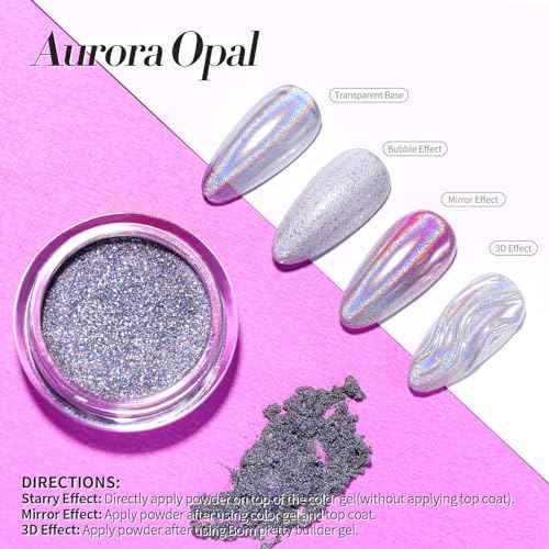 Born Pretty Holographic Nail Powder Fine Rainbow Iridescent Holographic Effect Multi Chrome Manicure Pigment Glitter Dust for Salon Home Nail Art DIY Design