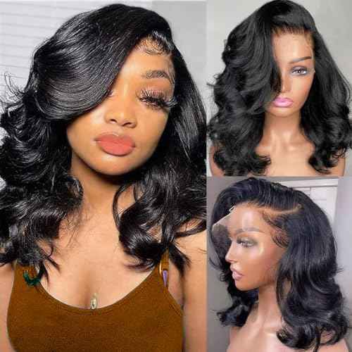 Douyin Bob Wig Human Hair 13x4 Lace Front Wigs Human Hair Pre Plucked Body Wave 180% Density 14 Inch HD Lace Frontal Short Glueless Wigs for Women (14 inch, Natural Black)