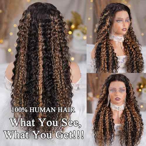FB/27 Balayage Highlight Lace Front Wig Human Hair,13x6 lace front wigs human hair Pre Plucked 180% Density Deep Wave Wig Ombre Glusless Wigs for Women