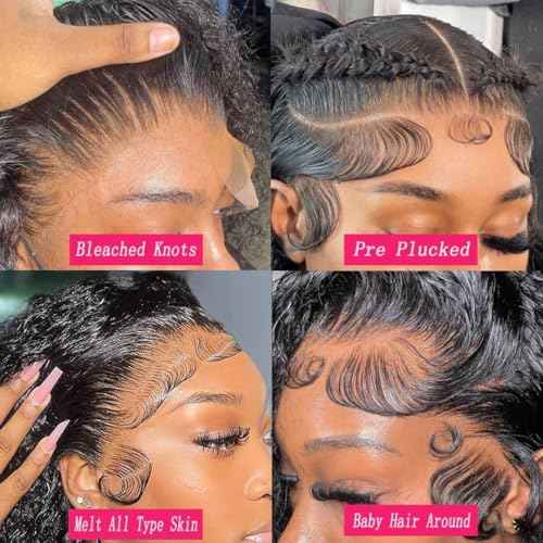 13x6 Deep Wave Wigs Human Hair Deep Wave Lace Front Wigs Human Hair 200% Density HD Lace Frontal Wigs for Balck Women Pre Plucked Glueless Deep Curly Wig Natural Black (16 Inch)