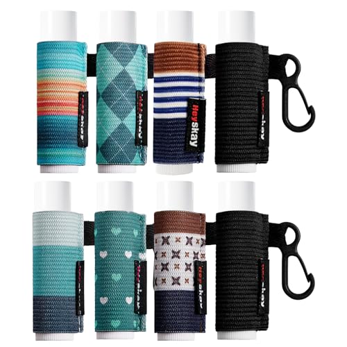 HEYSKAY 8PCS Lip Balm Keychain Holder Compatible with Chapstick, Stocking Stuffers Gifts Keychain Lip Gloss Holder Key Chain Lipstick Holder Sleeves(Classical Strap Patterns)