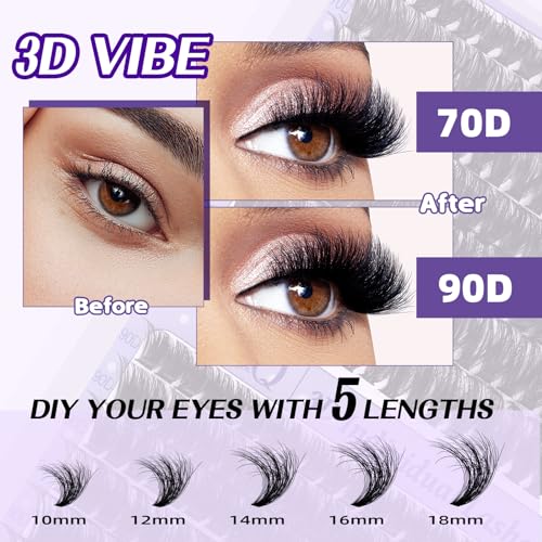 B&Qaugen Lash Extension Kit 3D Thick Lash Clusters Kit 280pcs Eyelash Extension Kit 10-18mm 70D+90D D Curl DIY Lash Extension Kit with Lash Bond and Seal, Lash Remover (KIT-70D+90D-MIX10-18mm), Black