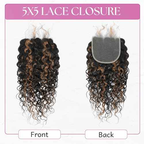 F1B30 Highlight 5x5 HD Lace Closure Water Wave Human Hair (16 Inch, Free Part), Invisible Transparent Wet n Wavy Black With Brown Colored Curly Closure 100% Remy Hair