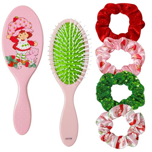 LUV HER Strawberry Shortcake Hair Accessory Set ? 5 Pieces: 1 Detangling 9-inch Hairbrush & 4 Scrunchies, Elastic Hair Ties, Ages 3+