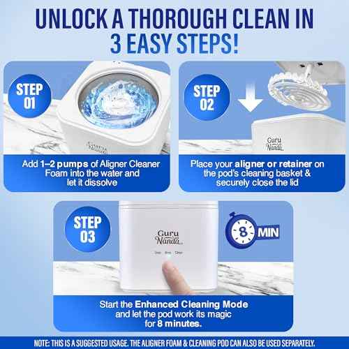 GuruNanda Retainer Cleaner Set ? Ultrasonic & UV Cleaning Pod & Aligner Cleaning Foam, Deep Clean & Odor Neutralization for Retainers, Aligners, Dentures & Mouthguards