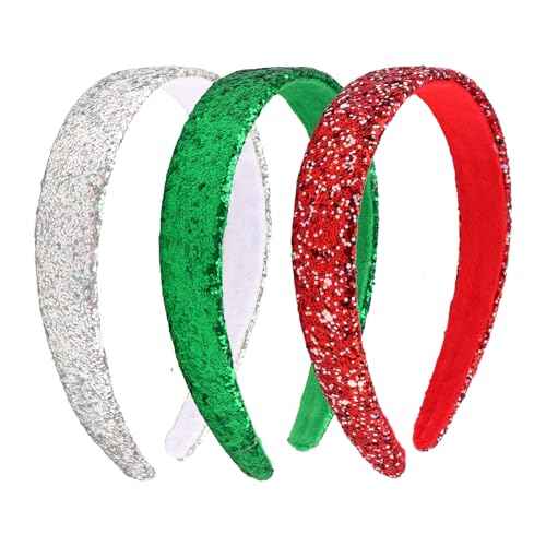 Girls Headbands, 3PCS Headbands for Girls Women Glitter Green Silver Red Christmas Headband Sparkly Sequin Toddler Headband Christmas Hair Accessories