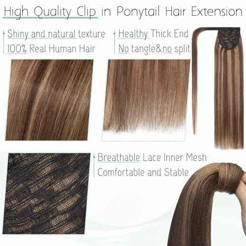S-noilite Wrap Around Ponytail Extension Human Hair #4P27 Medium Brown Mix Dark Blonde Ponytail Extensions Real Remy Hair 22inch Long Straight Clip in Human Hair Ponytail 95Grams