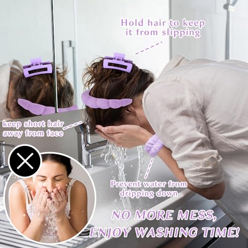 Wecoe Pink Purple Spa Headband And Wristband Set Skincare Headband For Washing Face Hair Claw Clips For Thick Hair Cute Puffy Sponge Bubble Makeup Head Band Wrist Towels Scrunchies For Women Girls