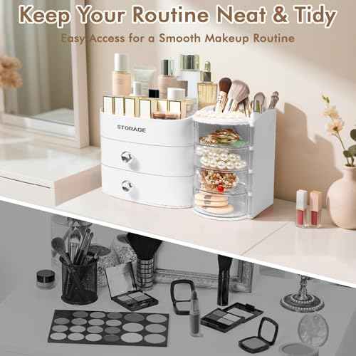 XIAPIA Makeup Organizer Countertop, Make Up Organizer for Vanity, Skincare & Cosmetic Organizers with Drawers, Bathroom Organizers Storage for Brush Holder|Lipstick|Jewelry, Ideal Gift for Women WHITE