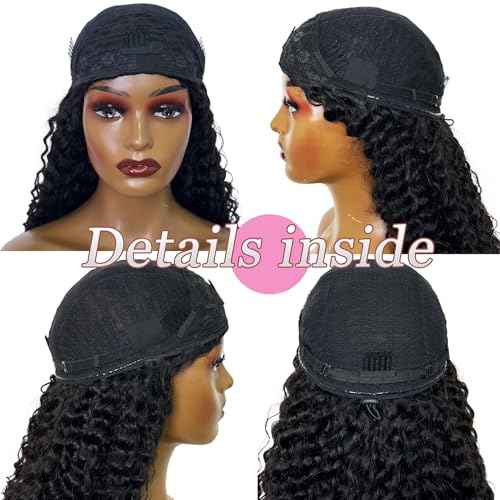 Curly Half Wig Human Hair 180% Density Deep Wave Glueless Wigs Upgrade 3 In 1 Wigs Beginner Friendly Seamless Flip Over Drawstring Curly Wig Ready to Go Headband Wig Natural Black Color 18 Inch