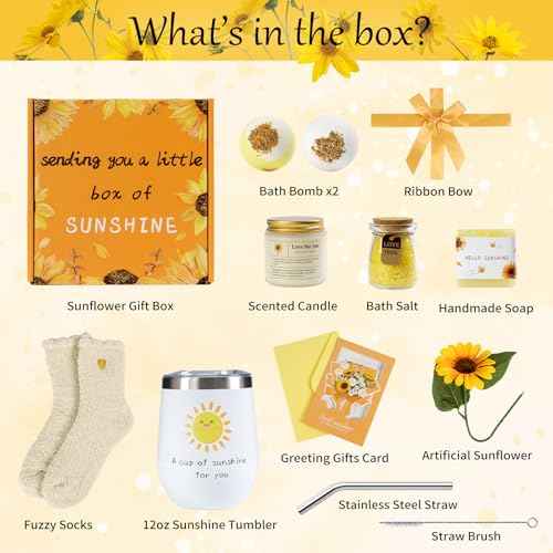 Birthday Gifts for Women, 9 PCS Sunflower Package with Tumbler and Bath Bombs, Relaxing Spa Self Care Gifts Basket for After Surgery, Get Well Gifts for Women, Thinking of You Gifts for Her