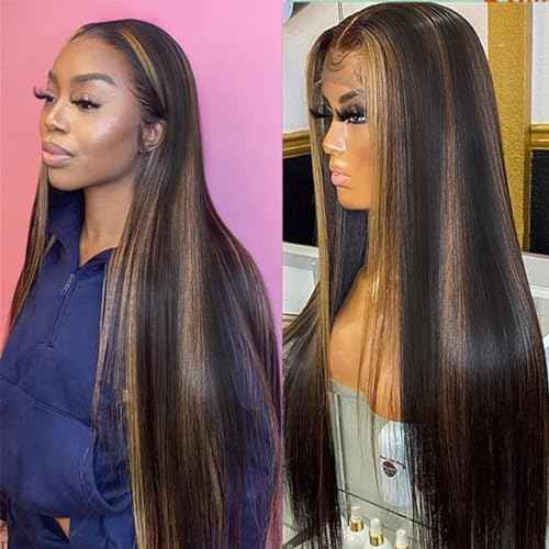 Blonde Highlight 13x4 Glueless Lace Front Wigs Human Hair 200% Density Pre Plucked with Baby Hair 13x4 Full Lace Front Wigs HD Transparent Lace Wig Balayage Wigs for Women 26 Inch