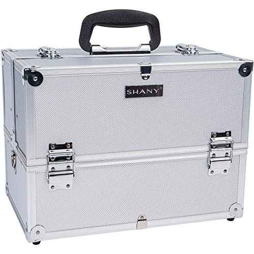 SHANY Essential Pro Makeup Train Case Cosmetic Box Portable Makeup Case Cosmetics Beauty Organizer Jewelry storage with Locks, Multi Compartments Makeup Box and Shoulder Strap - Silver