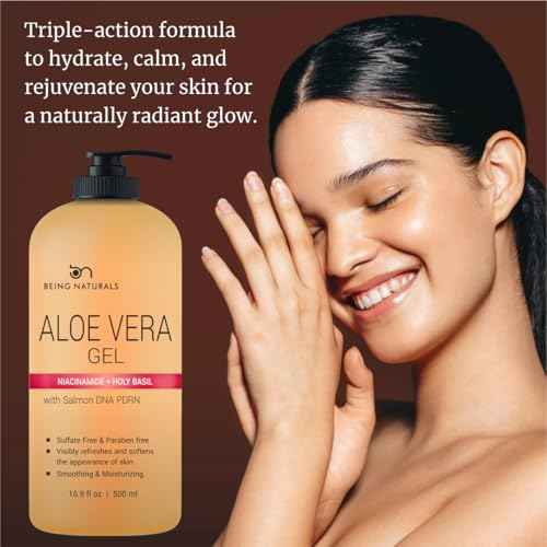 Being Naturals Aloe vera Gel - from 100% Pure Organic Aloe- Natural Raw Moisturizer for Face, Body, Hair. Perfect for Sunburn, Acne, Razor Bumps 16.9 fl oz (Salmon DNA + Niacinamide)