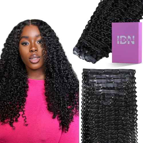 IDN BEAUTY Seamless Clip In Hair Extensions Human Hair, Kinky Curly 20 Inch 110g 7pcs Natural Black Clip Ins Remy Human Hair for Black Women PU