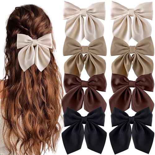 8 Pcs Hair Bows for Women Short Tail Bow Hair Clips Small Alligator Barrettes Cute Accessories for Girls(Black/Khaki)