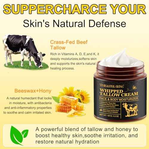 WHLH & WELL-BEING Beef Tallow for Skin, Beef Tallow and Honey Balm, Moisturizer for Face & Body Skin Care(1Pack) 119g