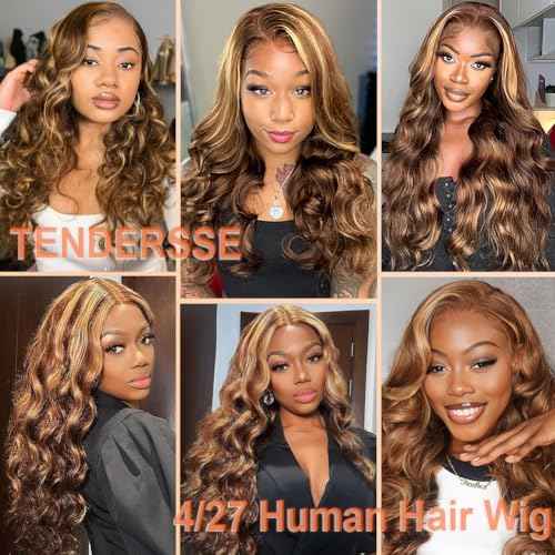Highlight Ombre 5x5 Pre Plucked Pre Cut Lace Front Wigs Human Hair 4/27 Colored Bouncy Body Wave Lace Frontal Wig Honey Blonde Ombre Glueless 5x5 HD Lace Closure Wigs for Women 180 Density 22 Inch