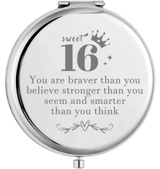 Kukeyiee Cute Sliver Engraved Travel Pocket Cosmetic Makeup Mirror, Sweet 16th Birthday Compact Makeup Mirror Gifts for Girls Sister Daughter Birthday Graduation Christmas…