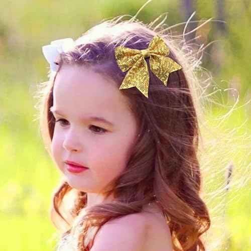 2Pcs 3 Inch Sequins Hair Bows for Girls, Sparkling Bows Alligator Hair Clip Hair Barrettes Accessories for Women Teens Girls Kids (Rainbow)