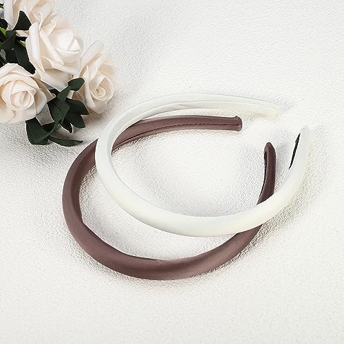 VOCOSTE 2 Pcs Solid Simple Silk Headbands, Fashion Hair Hoop for Women, Anti Slip Hair Accessories, White, Light Coffee, 0.59" Wide