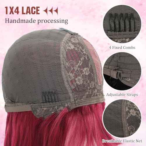 Bob Wig with Bangs Human Hair 200 Density Short Glueless Wigs Ready to Go Straight Bob Bangs Wig for Women Burgundy 14 Inches