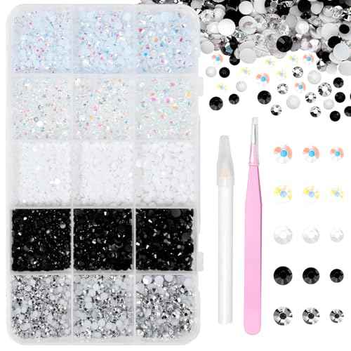 12000 Pcs Resin Jelly Rhinestones for Crafting, Multi Sizes Flatback White Black Gems, Resin Rhinestones Bedazzling Crystal with Pickup Tool for DIY Crafts Clothing Shoes Fabric Nail Art