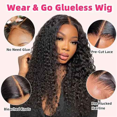 Wear and Go Glueless Wigs Human Hair Pre Plucked Pre Cut for Beginners Deep Wave Lace Front Wigs Human Hair Upgraded No Glue Ready To Wear 4x4 Lace Closure Glueless Wigs for Women 24 Inch