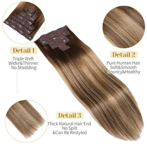 Clip in Hair Extensions Real Human Hair, 20 Inch 7pcs 70g/Pack - Ombre Chocolate Brown to Caramel Blonde, Soft Remy Human Hair Clip in Extensions Straight Capable for all Occasion (20 Inch)