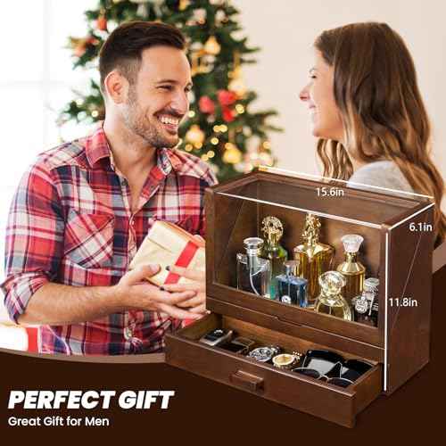 Miratino Cologne Organizer for Men, Wood Cologne Stand with Drawer, Large Capacity Cologne Shelf with Cologne Holder Display