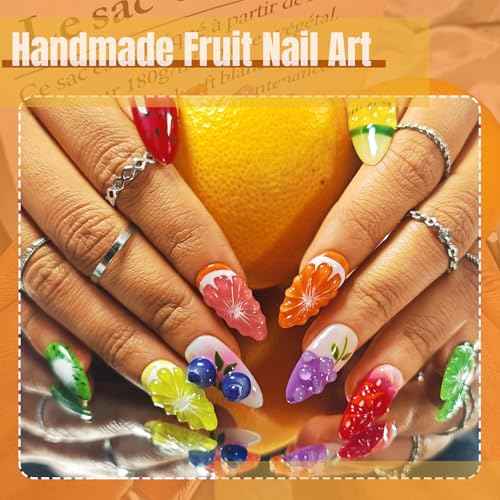 Handmade Press On Nails Almond, Fruit 3D Press On Nails Medium, Orange 3D Nails Strawberry Lemon Fruit With Bubble For Women Gift, Reusable Stick On Fake Nails Kit With Nail Glue(Fruit Fiesta-M)
