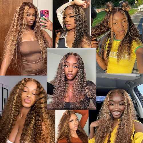 Highlight Bundles Human Hair with Closure 4/27 Ombre Brown 10a Deep Wave 12 Inch 4x4 Lace Closure with 4Bundles 12" 14" 16" 18"