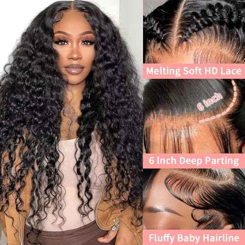13x6 Deep Wave Lace Front Wigs Human Hair 26 Inch 200 Density HD Lace Frontal Glueless Wigs Human Hair Pre Plucked Deep Curly Wig with Baby Hair Natural Black