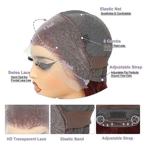 REMY HAIR 99J Burgundy Straight Lace Front Wigs Human Hair 13x4 Transparent Lace Front Wig Pre Plucked with Baby Hair 180% Density Glueless Wigs Natural Hairline Red (16 Inch)