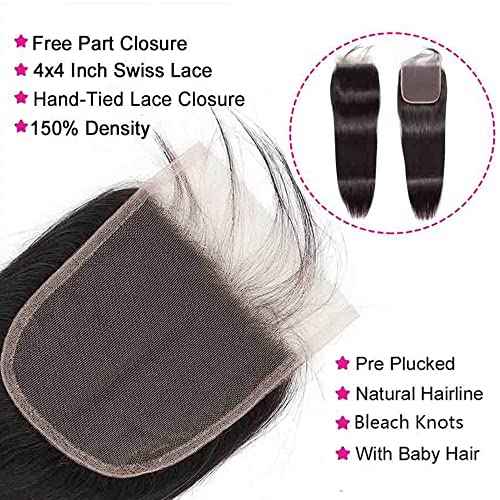 Straight Bundles with Closure Human Hair 16 18 20+14 Brazilian Human Hair Bundles with Closure Straight 100% Unprocessed Virgin Weave Hair Bundles with Lace Closure