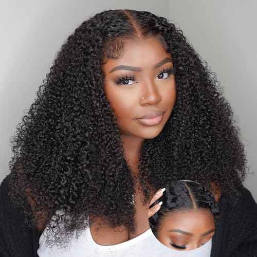 V SHOW Afro Kinky Curly Wear and Go Glueless Wigs Human Hair Pre Plucked Pre Cut 7x5 HD Lace Front Wigs Pre Bleached Bye Bye Knots 180% Density Afro Curly Lace Closure Wig Human Hair for Women 18 Inch
