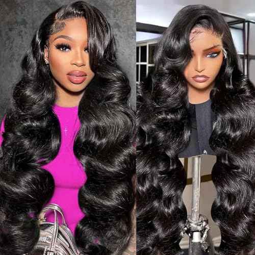 30 Inch 13x6 Body Wave Lace Front Wigs Human Hair 180 Density HD Lace Frontal Wigs Human Hair Pre Plucked Human hair Wig for Women Natural Black