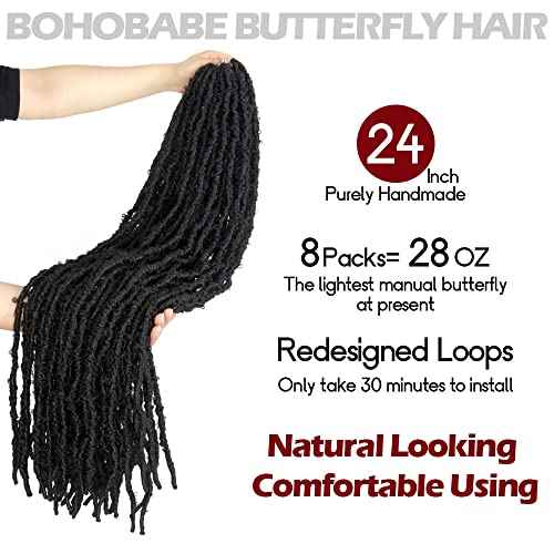 BOHOBABE 24 Inch Light Weight Butterfly Locs Crochet Hair 8 Packs Long Black Distressed Butterfly Faux Locs Crochet Hair, 1B