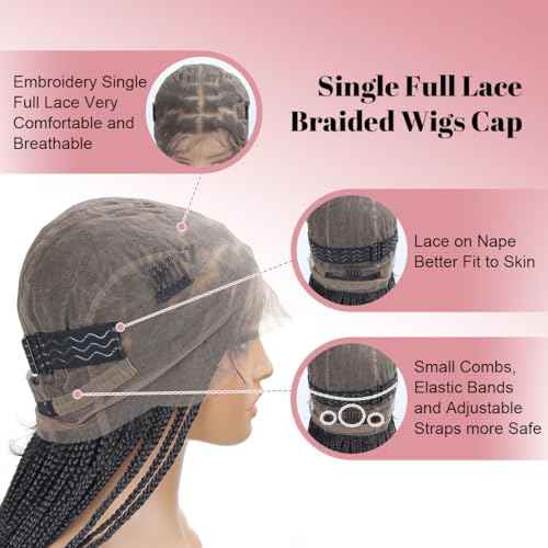 Box Braided Wig 14 "360¡Æ HD Full Single-layer Lace Braid Wigs for Black Women Square Knotless Box Braid Wig with Baby Hair Handmade Synthetic Hair Blended Lace Front Natural Black