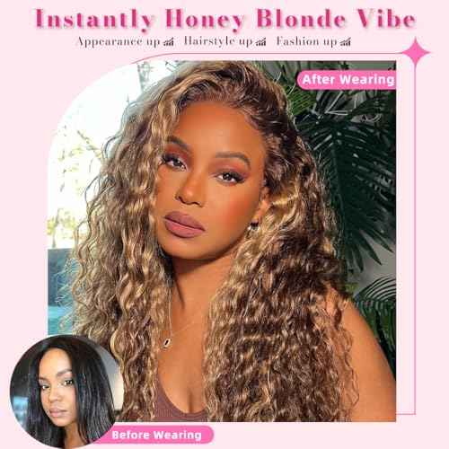 20 inch Honey Blonde Deep Wave Lace Front Wigs Human Hair, Curly Highlighted Wig Human Hair, Glueless Wigs Human Hair Pre Plucked Natural Hairline 180% Density, Ombre Wigs Human Hair