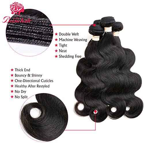 Body Wave 3 Bundles with Frontal Human Hair Bundles with Lace Frontal (18 20 22+18, Natural Black) Brazilian Body Wave Hair Virgin Hair Ear to Ear 13x4 Frontal Natural Black