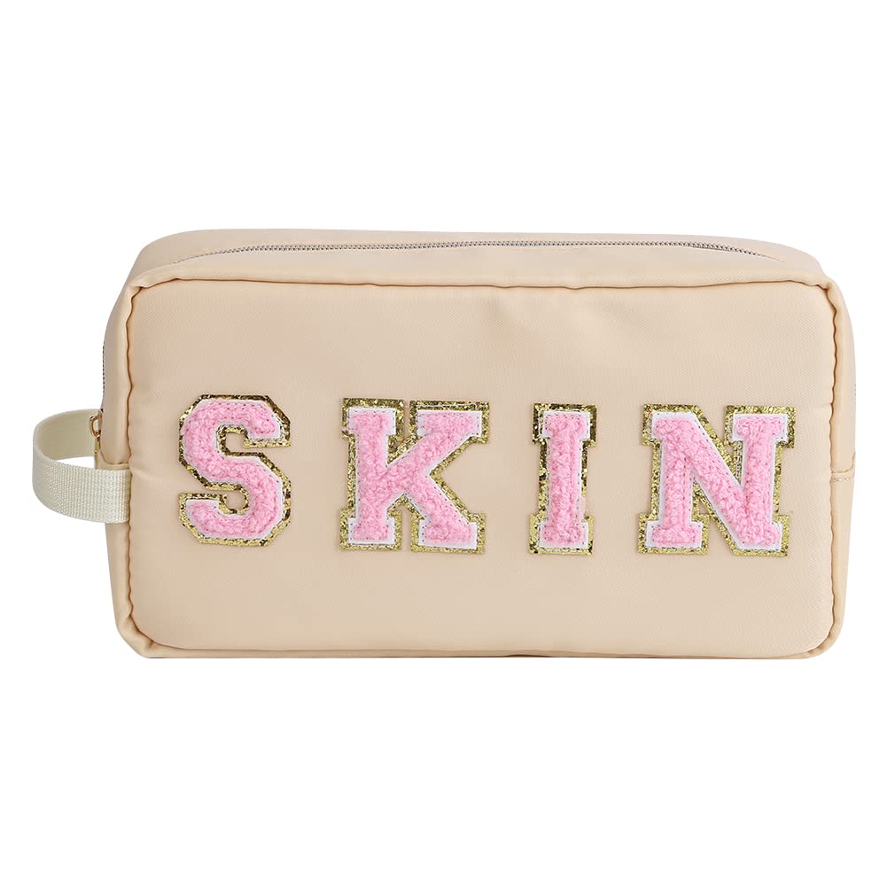 TBOLINE Large Preppy Patch Makeup Bag,Nylon SKIN Makeup Bag With Handle, Portable Chenille Letter Cosmetic Pouch Bag,Varsity Letter Toiletry Bag With Zipper for Women