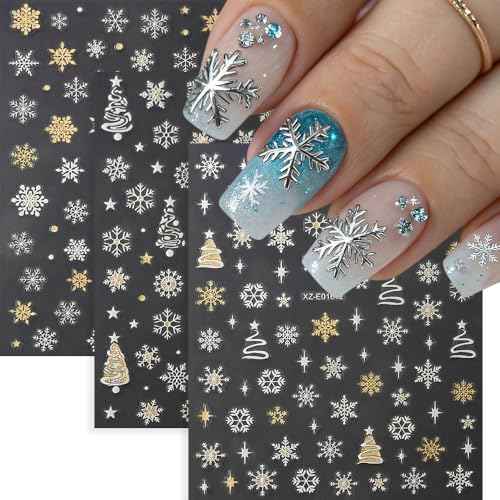 12 Sheet Christmas Nail Art Stickers Silvery Nail Stickers Snowflake Xmas Tree Nail Decals Star Elk with Golden 5D Embossed Nail Art Supplies for Winter Holiday Manicure Decorations
