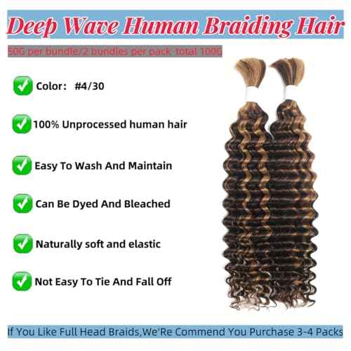 4/30 Human Braiding Hair Deep Wave Bulk Human Hair for Braiding Bohemian Knotless 2 Bundles 100g 22inch No Weft 10A Brazilian Virgin Human Hair Extensions Curly Bulk Human Hair for Boho Braids