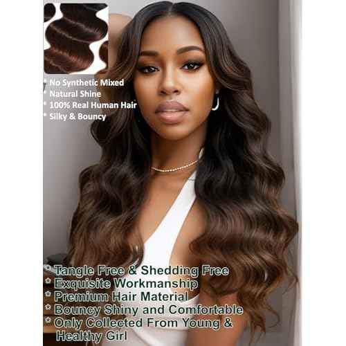 KLAIYI Ombre Brown Body Wave Bundles Human Hair Extensions with Dark Roots 100% Unprocessed Brazilian Real Virgin Hair Weaves Chestnut Brown Double Wefts 12A Wavy One Bundle 24Inch Sew in Piano Color