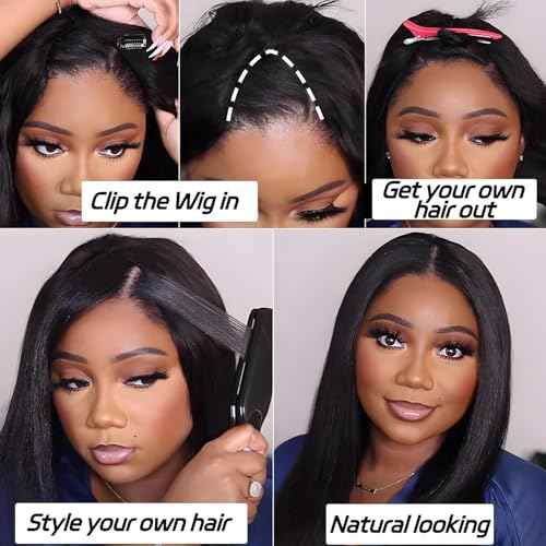 Kinky Straight V Part Wig Human Hair 24 inch Upgrade U Part Wig Yaki Straight Clip in Half Wigs for Black Women 180% Density Natural Color